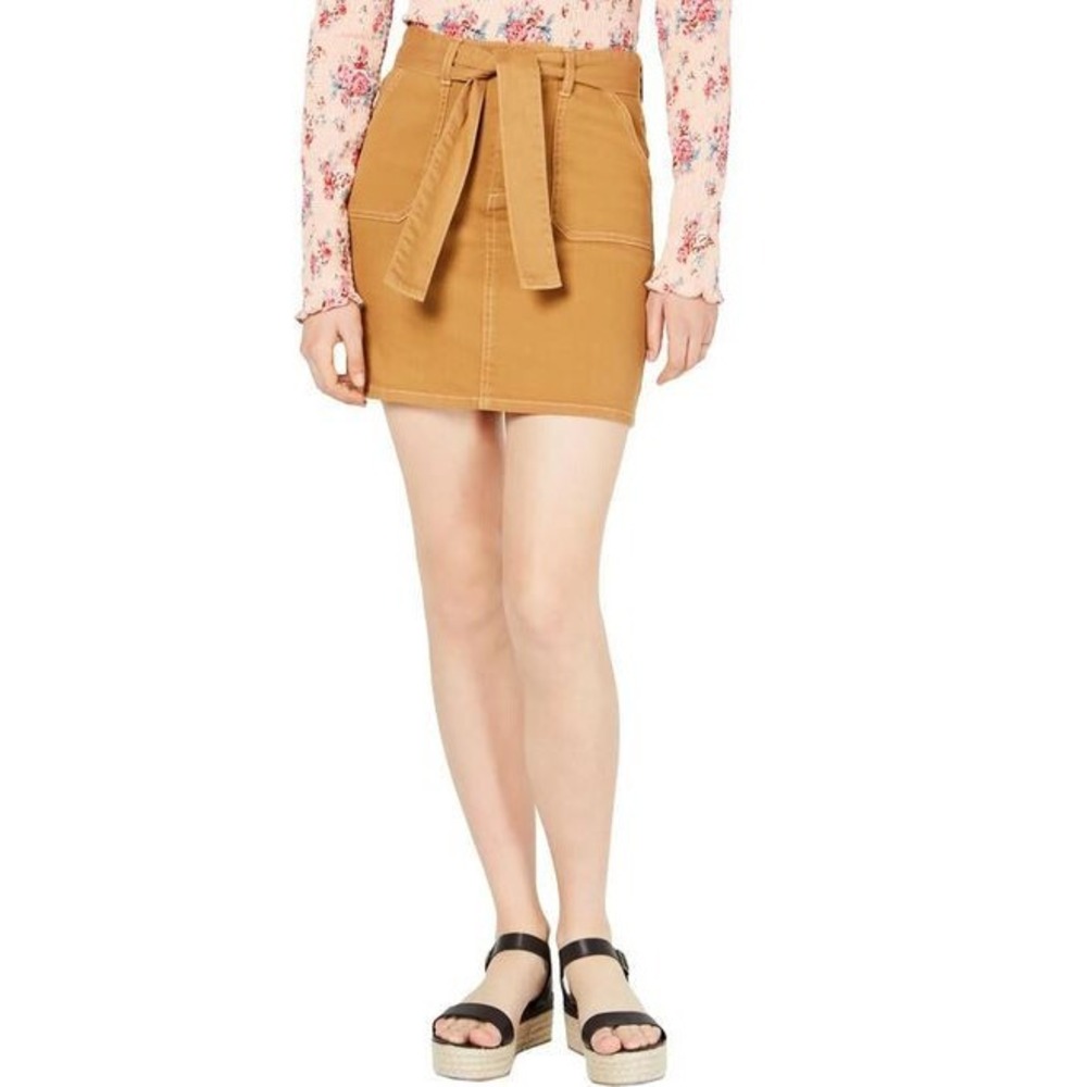 Tinseltown Womens Denim Mini Skirt Mustard Brown Belt Pocket MYB025606 Size 3/26